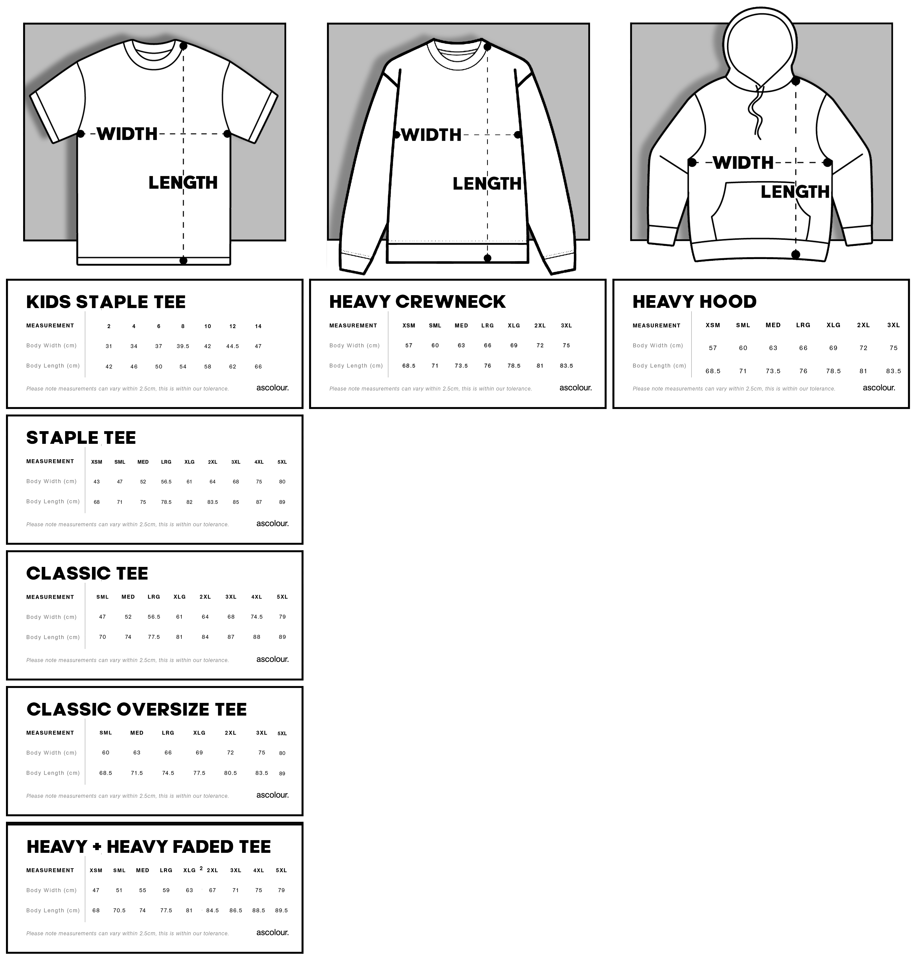 Sizing guide for hoodies, crewnecks, and tees with measurements